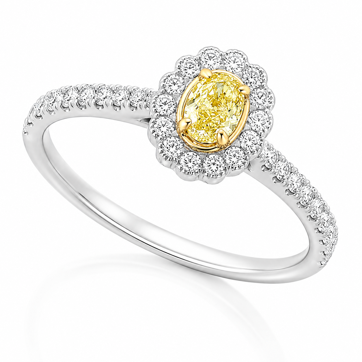 The Helios Platinum 950 ring featuring a GIA-certified 0.36ct VVS2 natural Fancy Yellow oval cut diamond.