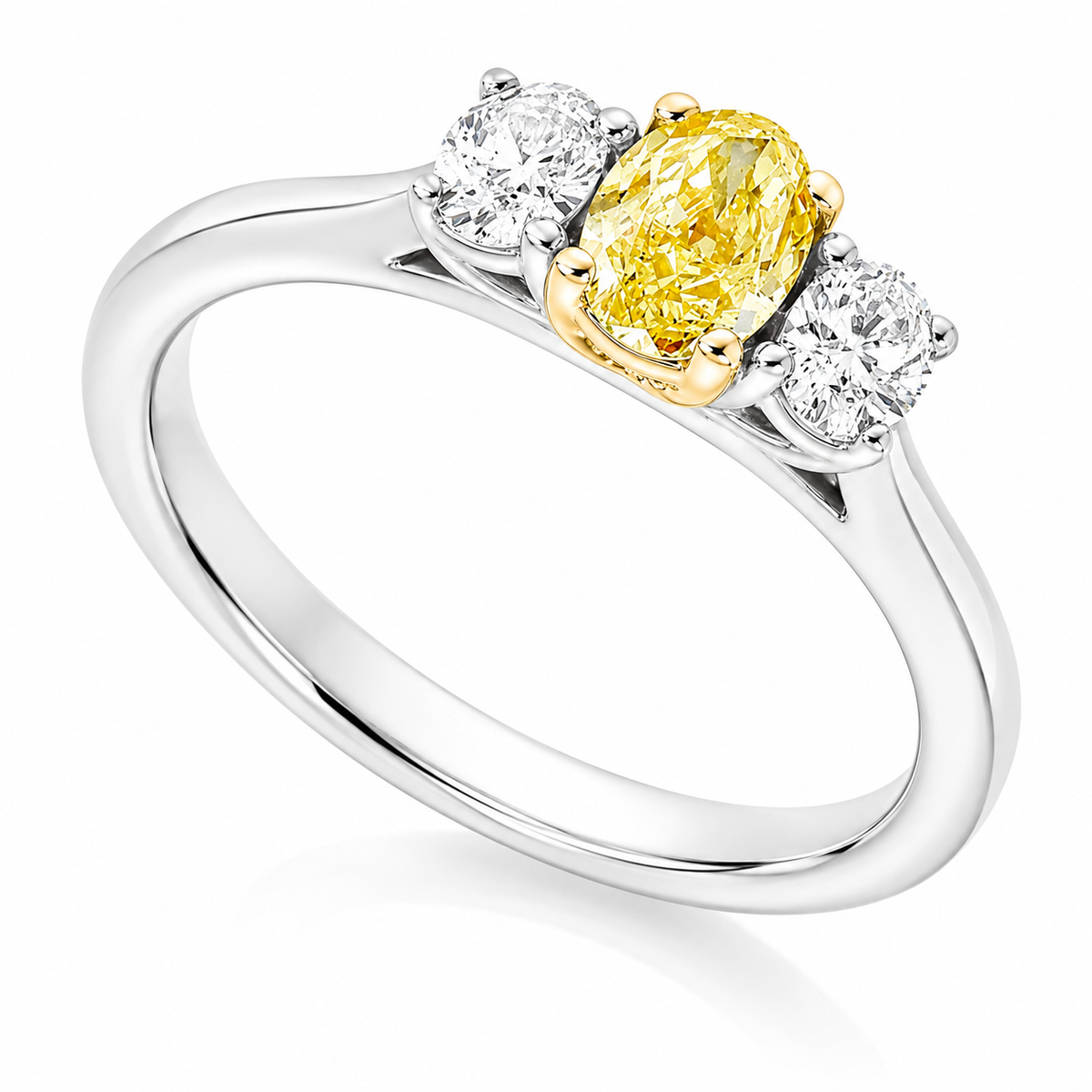 The Amaterasu Platinum 950 trilogy ring with GIA-certified 0.37ct VS2 natural Fancy Intense Yellow oval diamond and white diamond side stones.