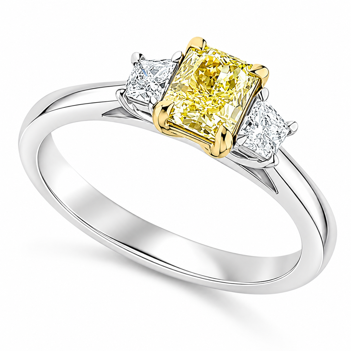 The Surya Platinum 950 trilogy ring with GIA-certified 0.65ct VVS2 natural Fancy Yellow radiant cut diamond and white diamond side stones.