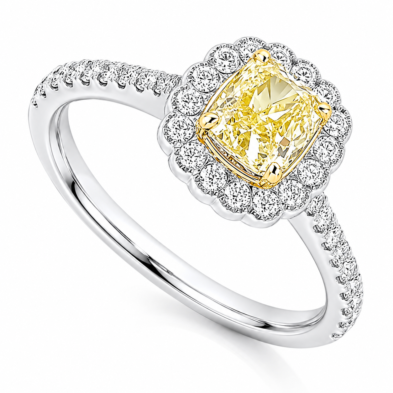 The Inti Platinum 950 halo ring with 0.75ct VVS1 natural Fancy Yellow cushion cut diamond, white diamond halo and diamond-set shoulders.