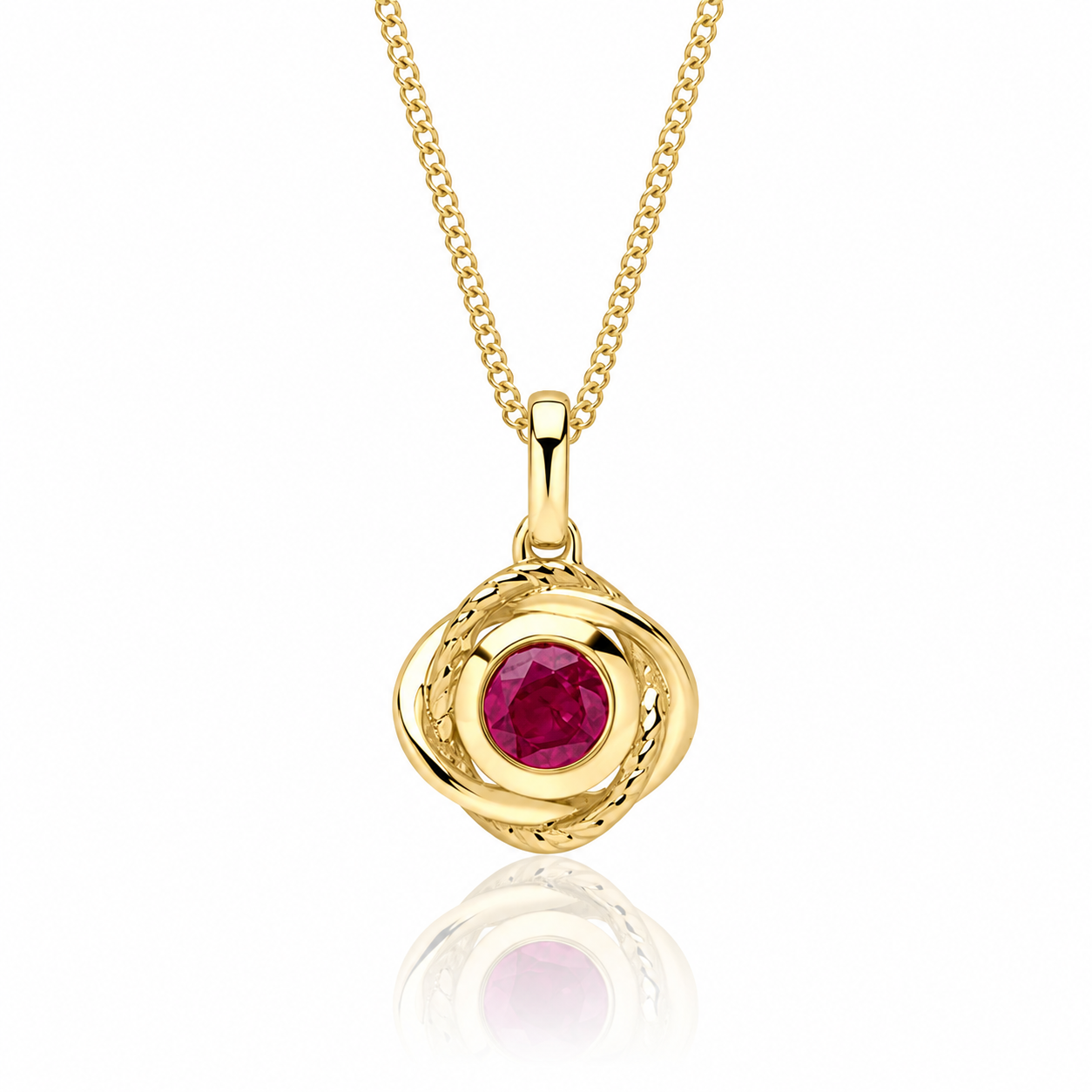 9ct yellow gold Fura ruby pendant with sculptural design and adjustable chain