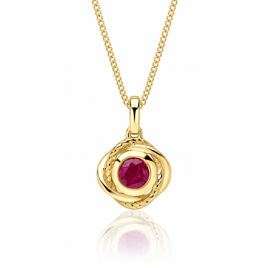 9ct yellow gold Fura ruby pendant with sculptural design and adjustable chain