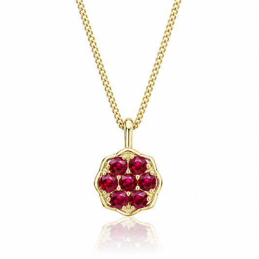 9ct yellow gold ruby flower cluster pendant with adjustable diamond cut curb chain