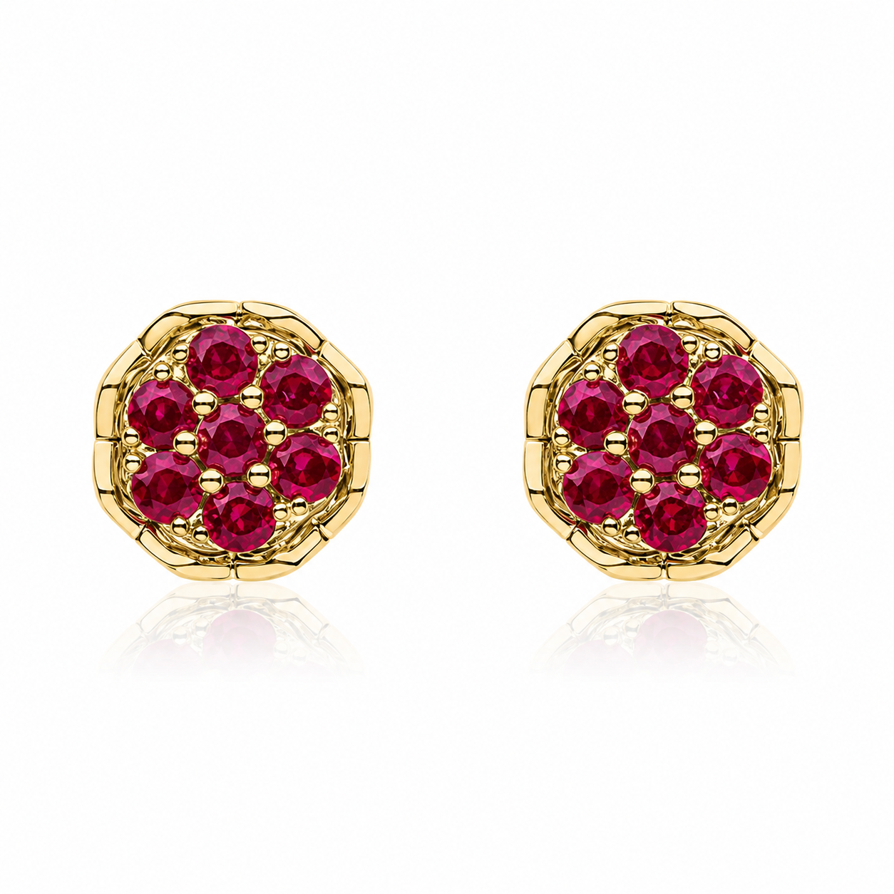 9ct yellow gold ruby flower cluster stud earrings