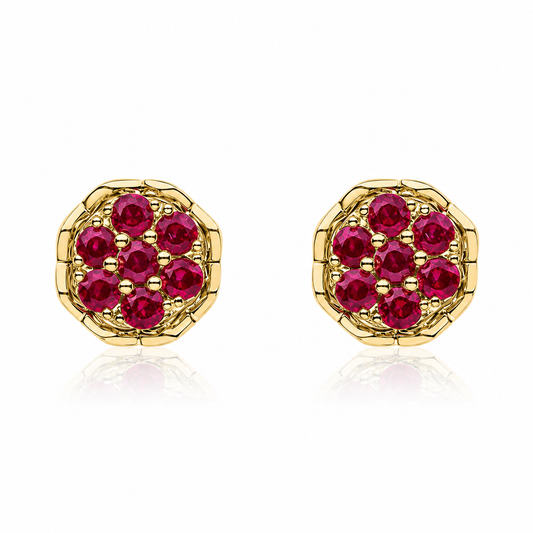 9ct yellow gold ruby flower cluster stud earrings