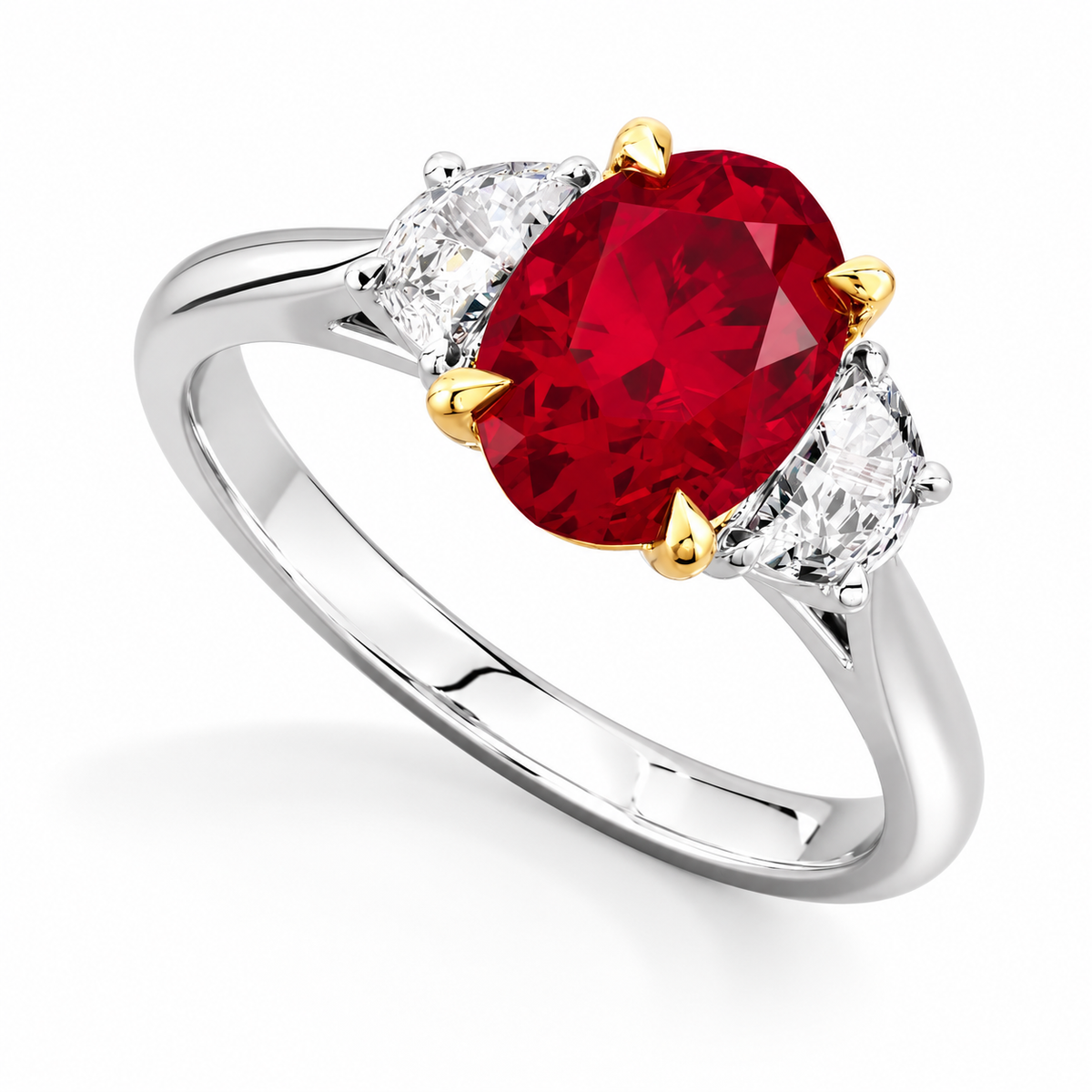 2.05ct Oval Ruby & Half-Moon Diamond Trilogy Ring in Platinum