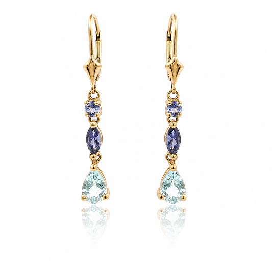 9ct Yellow Gold Aquamarine & Iolite Earrings | Marcus Tempus