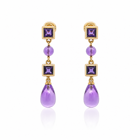 9ct Yellow Gold Amethyst Drop Earrings