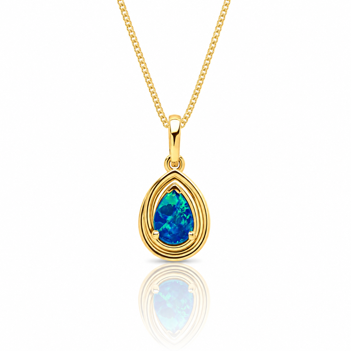 9ct yellow gold opal doublet teardrop pendant with blue and green play of colour
