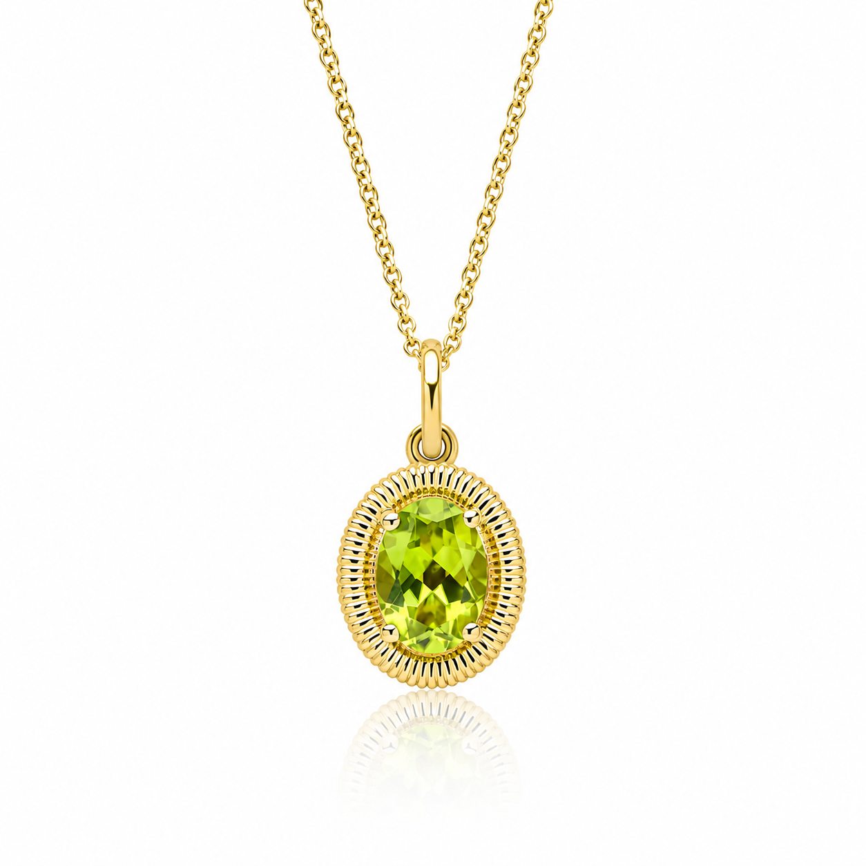 9ct yellow gold pendant featuring an 8 × 6mm oval cut natural peridot in a sculpted ridged setting
