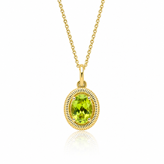 9ct yellow gold pendant featuring an 8 × 6mm oval cut natural peridot in a sculpted ridged setting