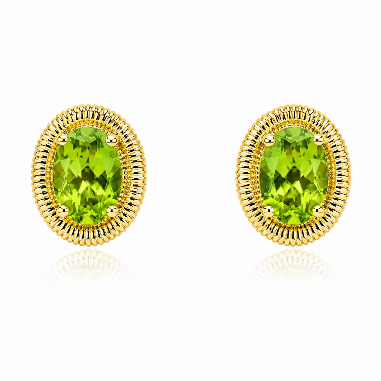 9ct yellow gold stud earrings featuring 7 × 5mm oval cut natural peridot gemstones in sculpted ridged settings