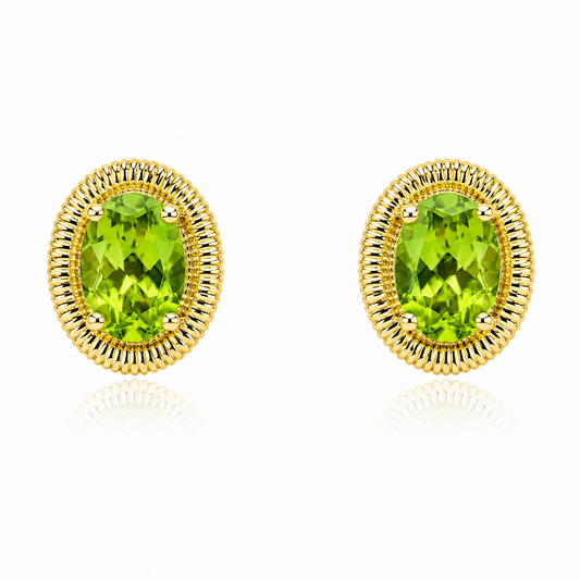 9ct yellow gold stud earrings featuring 7 × 5mm oval cut natural peridot gemstones in sculpted ridged settings
