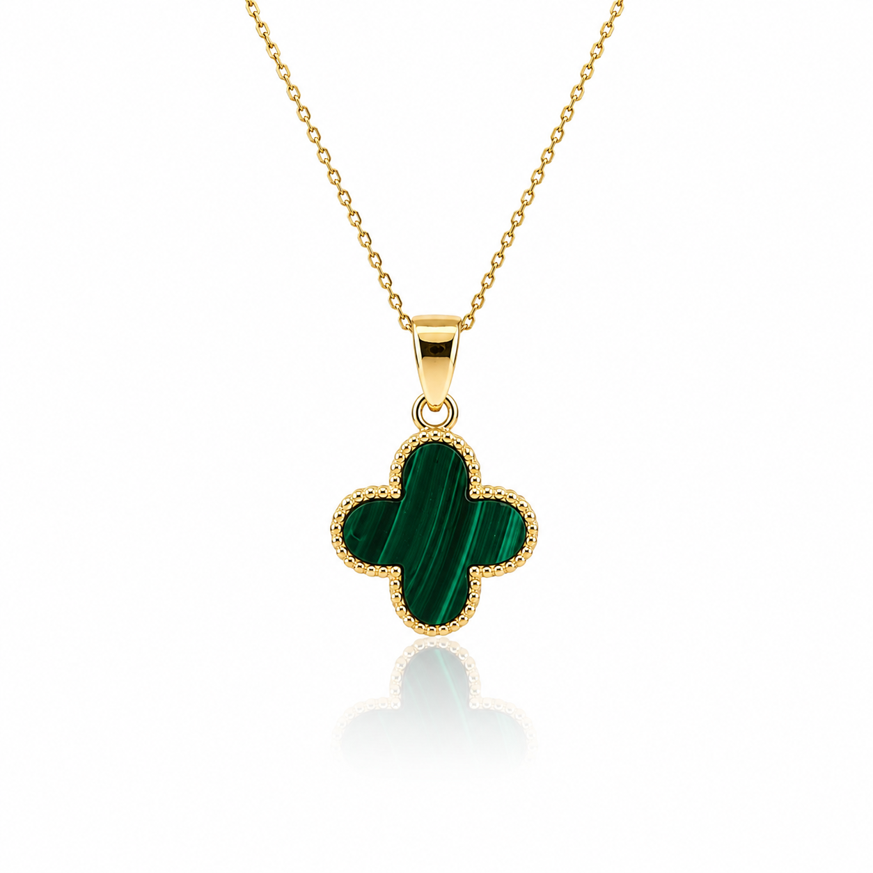 9ct yellow gold malachite clover pendant on an 18-inch chain