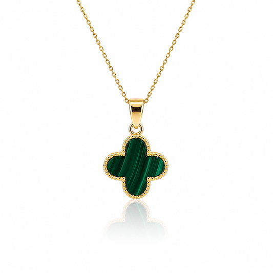 9ct yellow gold malachite clover pendant on an 18-inch chain