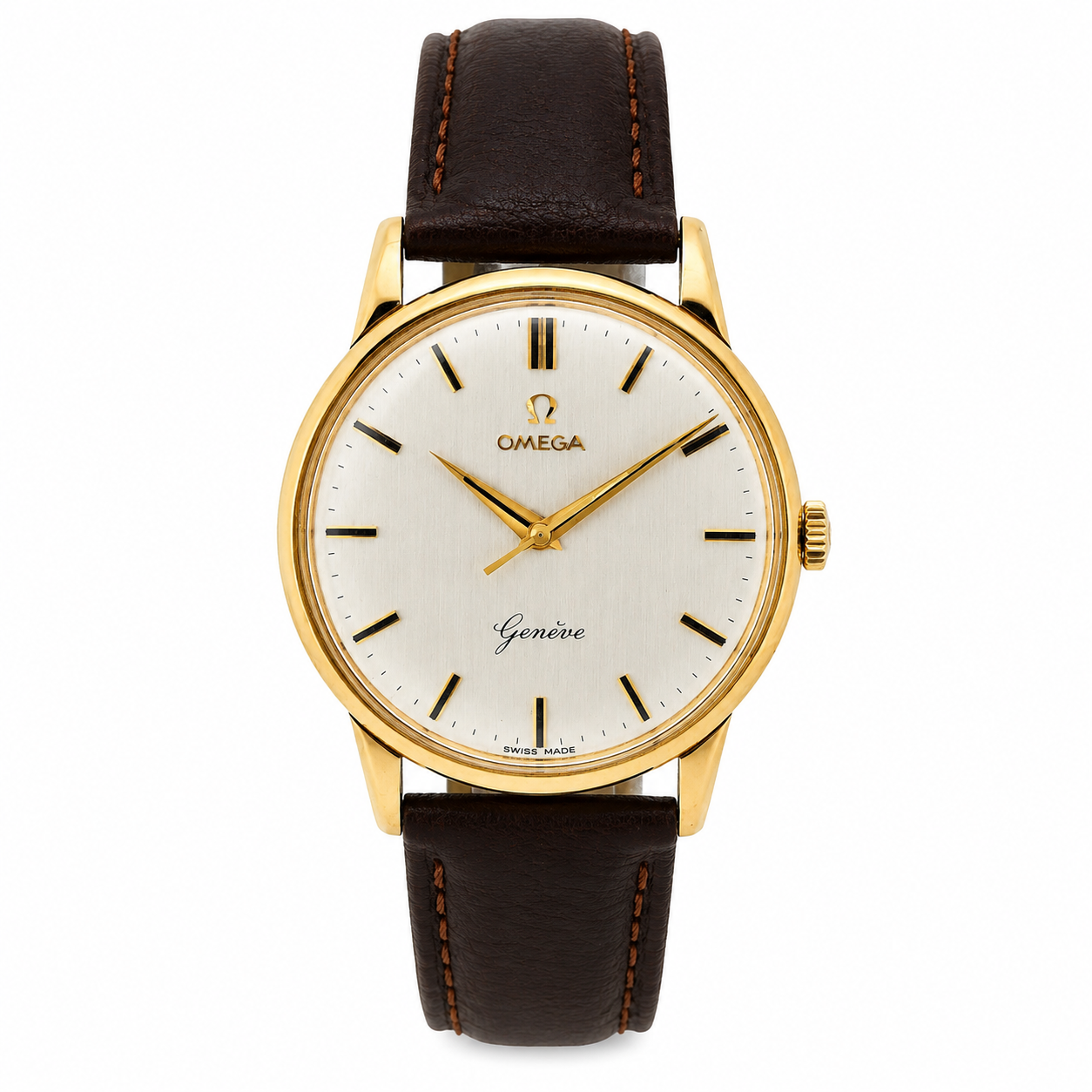 Vintage Omega Genève solid 9ct gold watch with silver sunburst dial and brown leather strap.