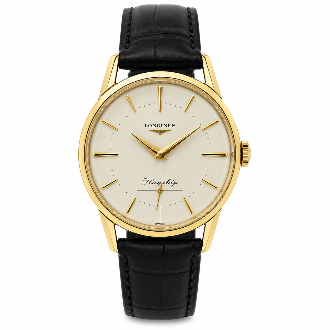 Vintage Longines Flagship 18ct gold dress watch with silver dial, subsidiary seconds display and black leather strap.