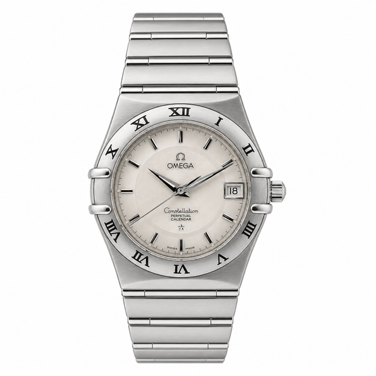 Omega Constellation Perpetual Calendar stainless steel automatic watch with silver dial, Roman numeral bezel and integrated bracelet.