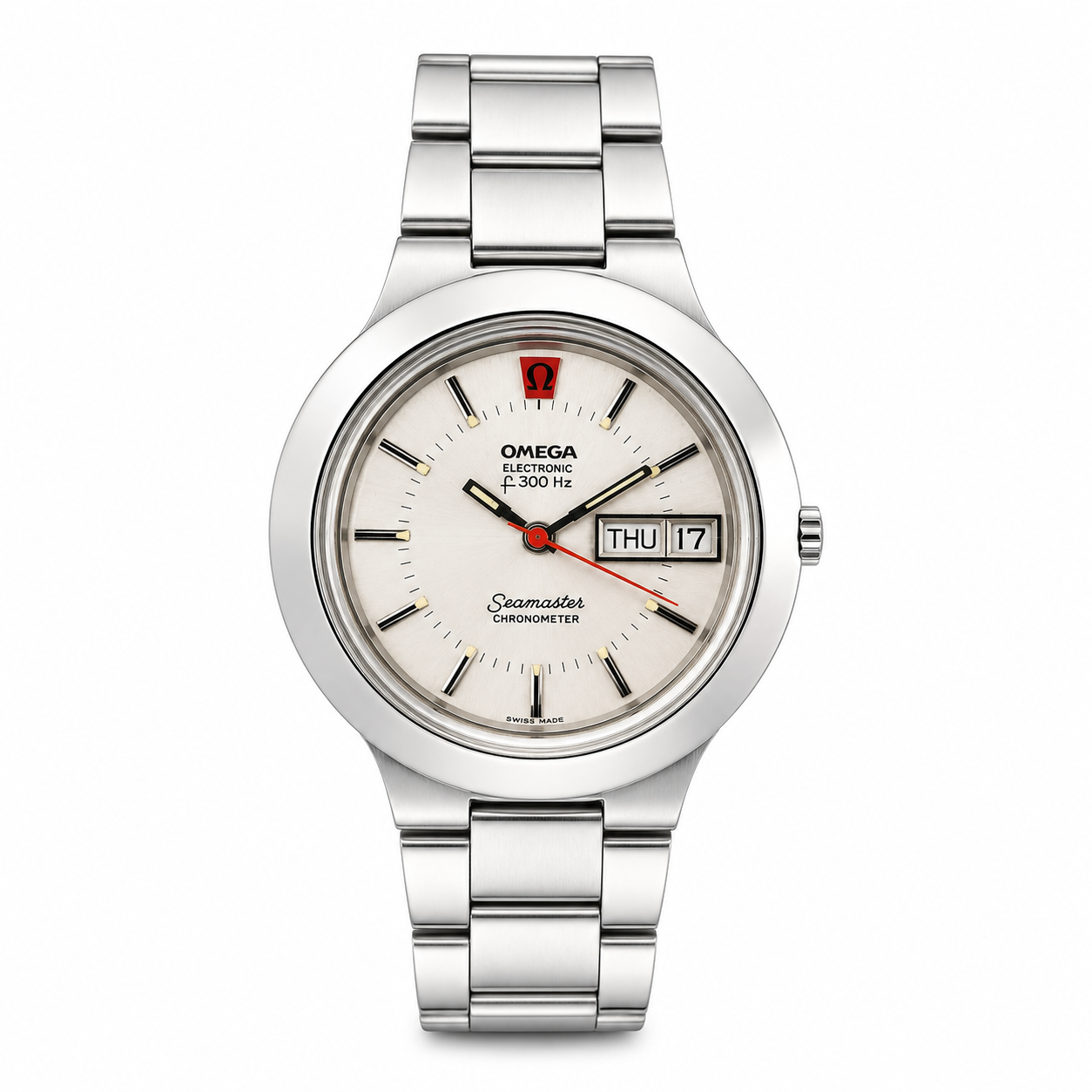 Vintage Omega Seamaster Electronic f300 Hz Chronometer stainless steel watch with silver dial and day-date display.