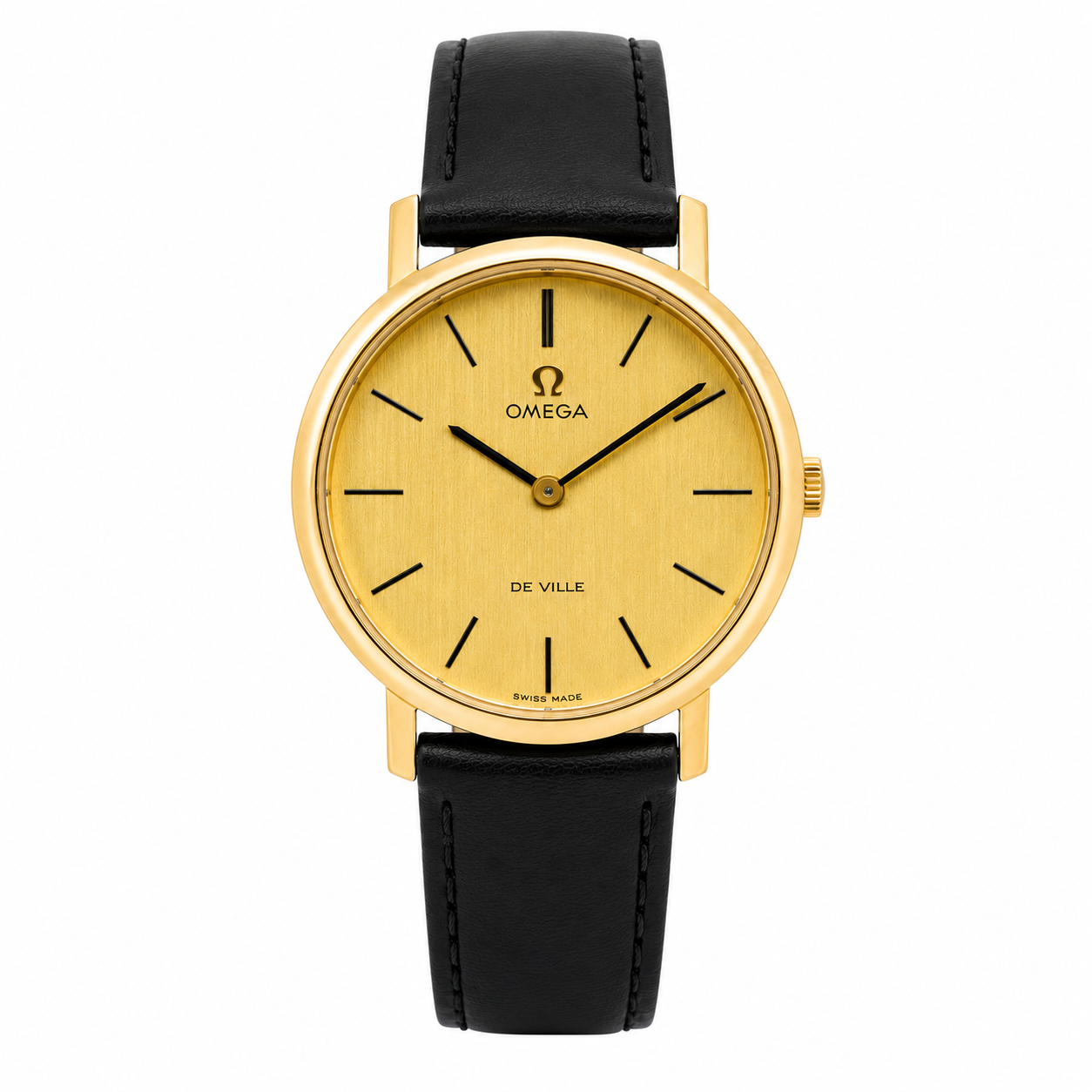 Vintage Omega De Ville 9ct gold dress watch with textured champagne dial and black leather strap.
