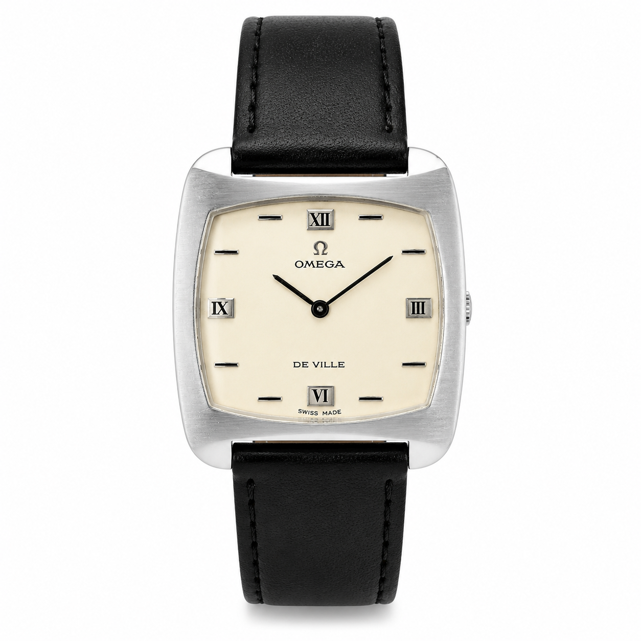 Vintage Omega De Ville stainless steel watch with silver dial, Roman numeral markers and black leather strap.