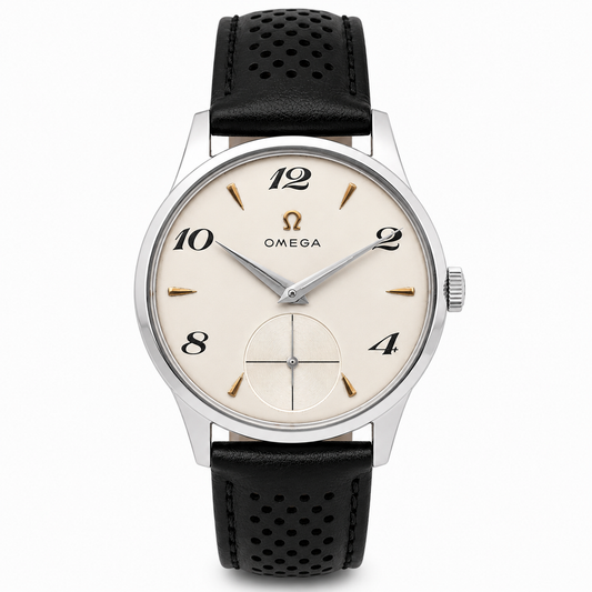 Vintage Omega manual wind wristwatch with silver dial, Arabic numerals, small seconds display and black perforated leather strap.
