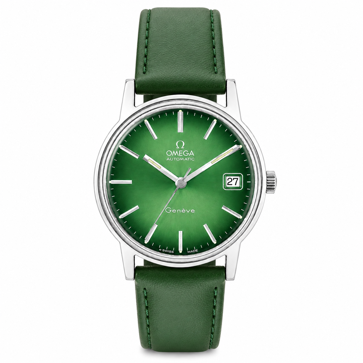 Vintage Omega Genève Automatic watch with green sunburst dial, stainless steel case and green leather strap