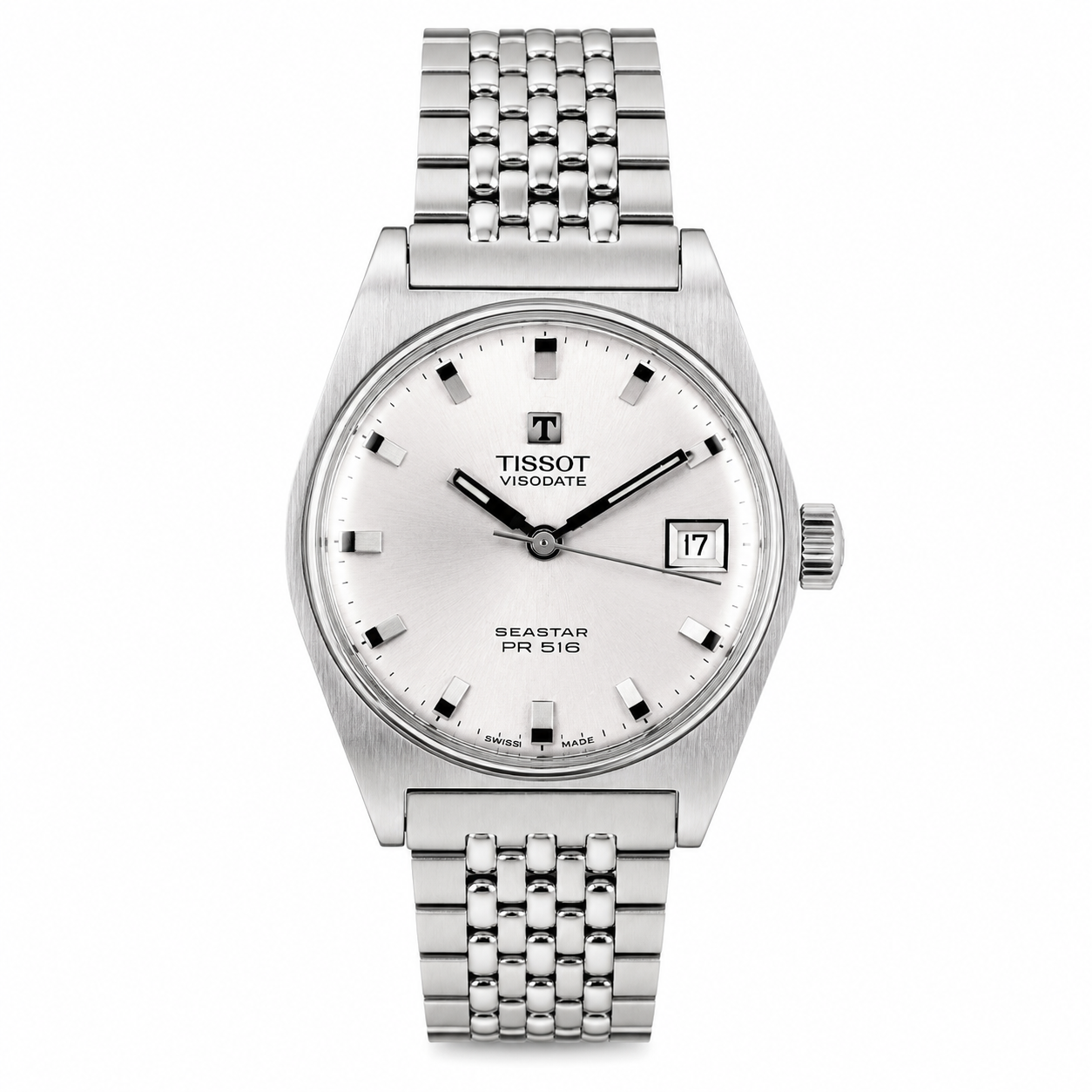 Vintage Tissot Seastar PR 516 automatic watch with silver sunburst dial, stainless steel case, date display and original bracelet.