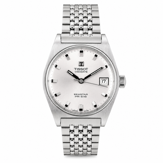 Vintage Tissot Seastar PR 516 automatic watch with silver sunburst dial, stainless steel case, date display and original bracelet.