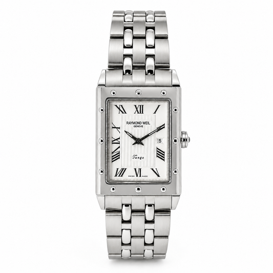 Raymond Weil Tango stainless steel Swiss quartz watch with rectangular silver dial, Roman numerals and integrated bracelet.