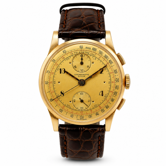 Vintage Swiss chronograph watch in 18ct yellow gold with golden dial, telemeter scale and brown leather strap.