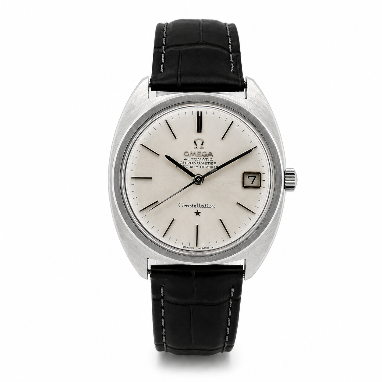 Vintage Omega Constellation Automatic Chronometer watch with silver dial, stainless steel case and black leather strap.