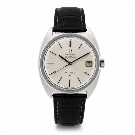 Vintage Omega Constellation Automatic Chronometer watch with silver dial, stainless steel case and black leather strap.