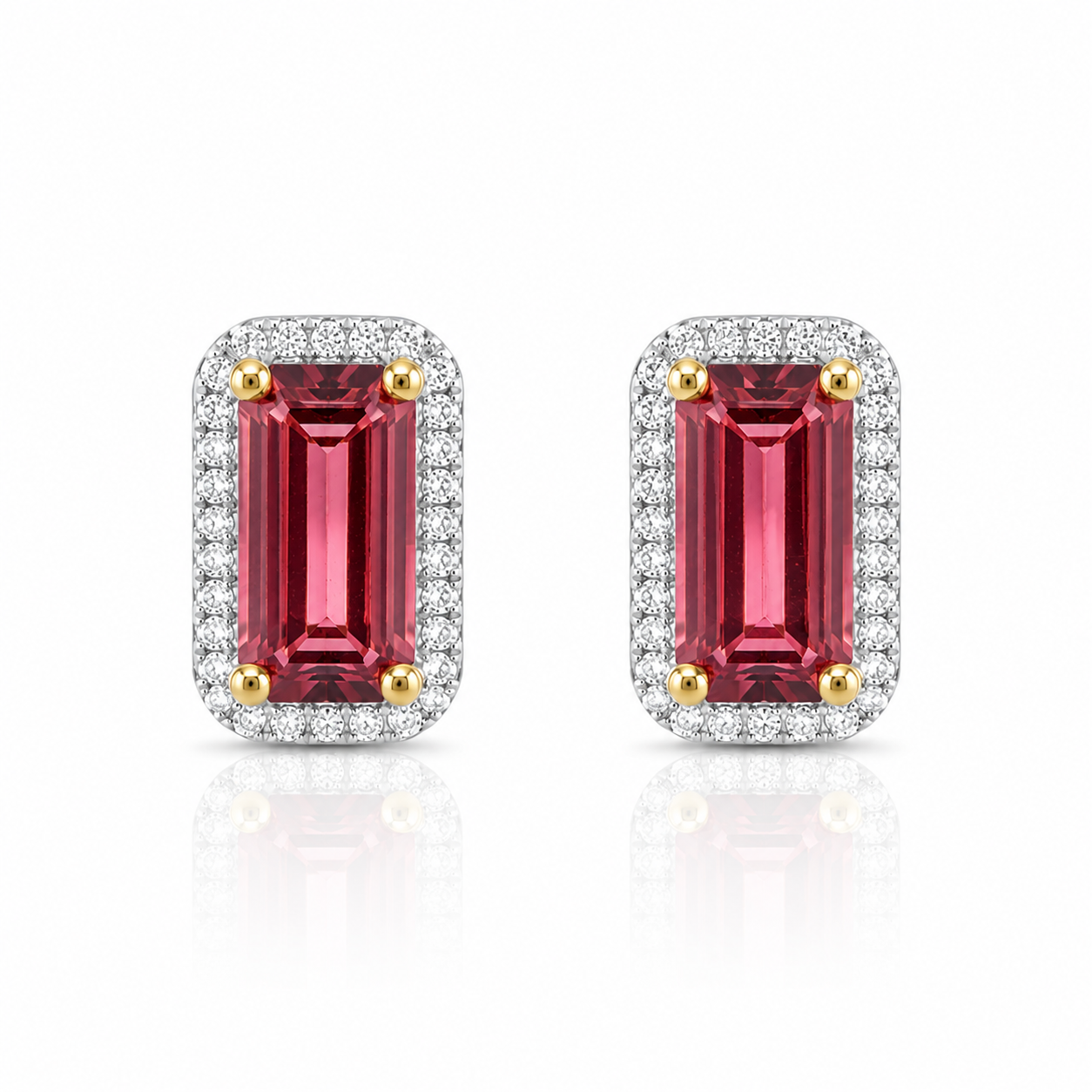 18ct white gold pink tourmaline and diamond halo stud earrings with emerald-cut pink tourmalines and brilliant-cut diamond surrounds.