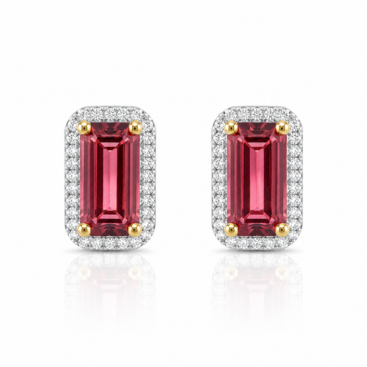 18ct white gold pink tourmaline and diamond halo stud earrings with emerald-cut pink tourmalines and brilliant-cut diamond surrounds.