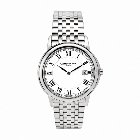 Raymond Weil Genève stainless steel quartz watch with white Roman numeral dial and date display on stainless steel bracelet.