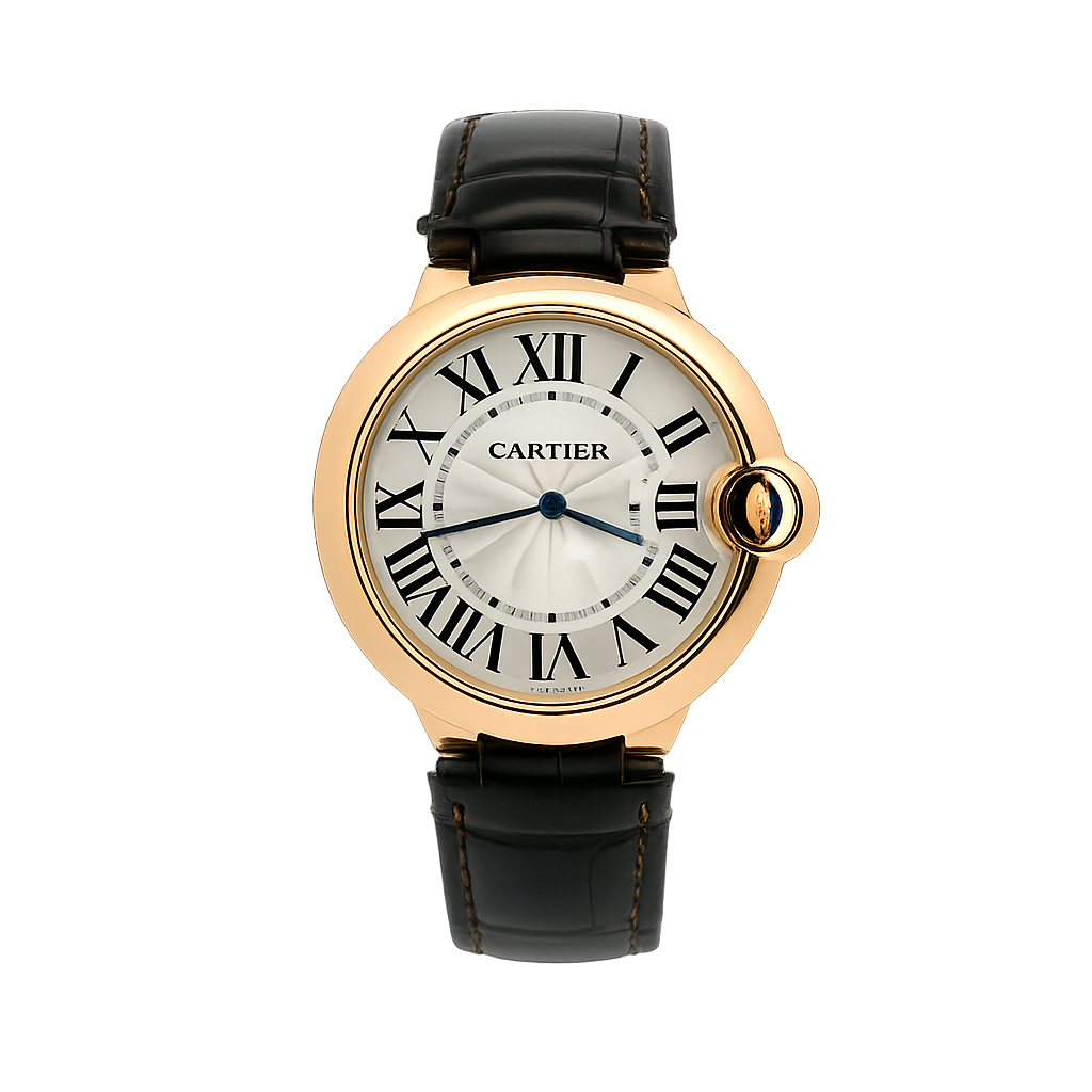 Cartier Ballon Bleu 18ct rose gold mechanical watch with signature sapphire-set crown photographed for the Marcus Tempus Watch Archive.