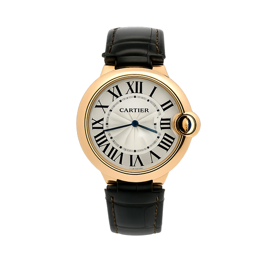 Cartier Ballon Bleu 18ct rose gold mechanical watch with signature sapphire-set crown photographed for the Marcus Tempus Watch Archive.