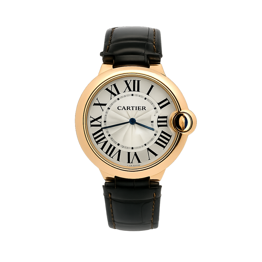 Cartier Ballon Bleu 18ct rose gold mechanical watch with signature sapphire-set crown photographed for the Marcus Tempus Watch Archive.