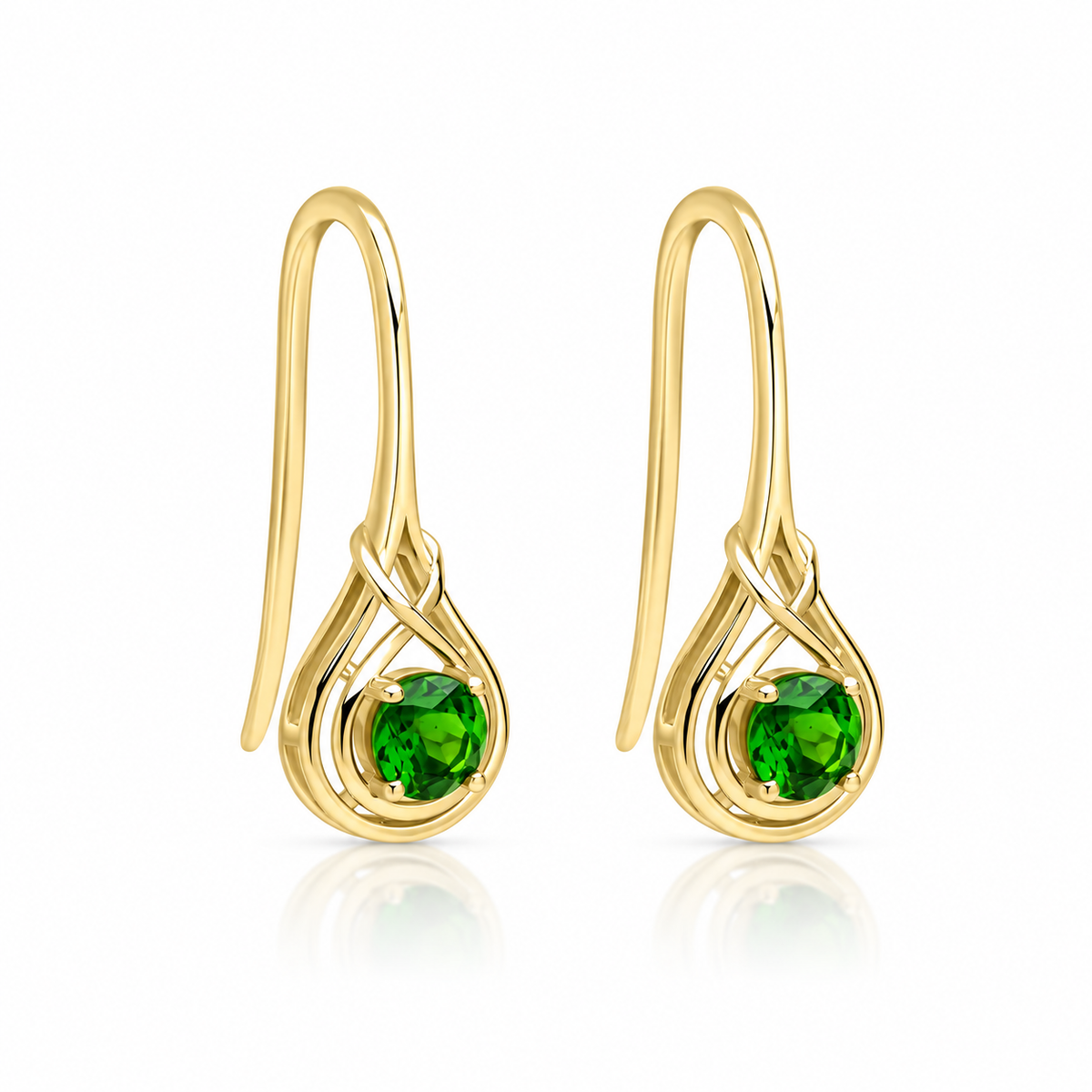 9ct yellow gold chrome diopside drop earrings with vivid natural green gemstones
