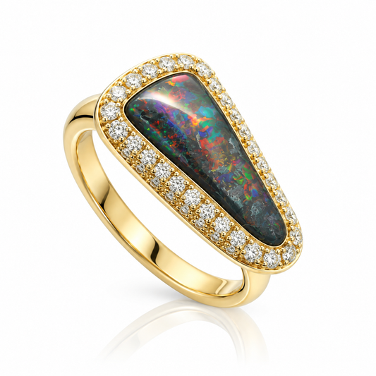Wildfire 1.68ct Australian Boulder Opal and diamond ring in 9ct yellow gold