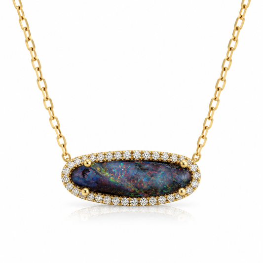 Wildfire 2.15ct Australian Boulder Opal and diamond pendant in 9ct yellow gold