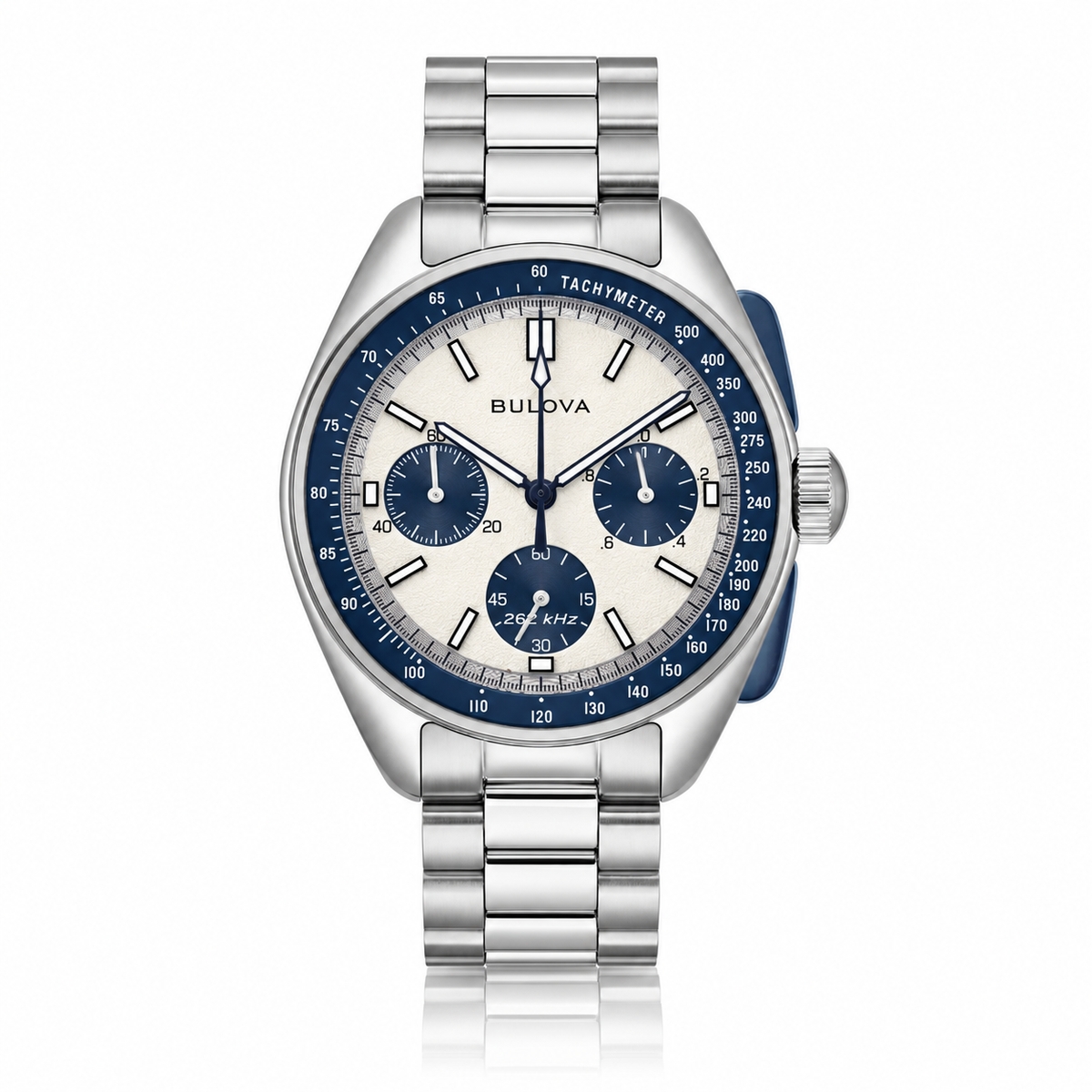 Bulova Lunar Pilot 98K112 high precision quartz chronograph with silver dial, blue sub-dials and stainless steel bracelet
