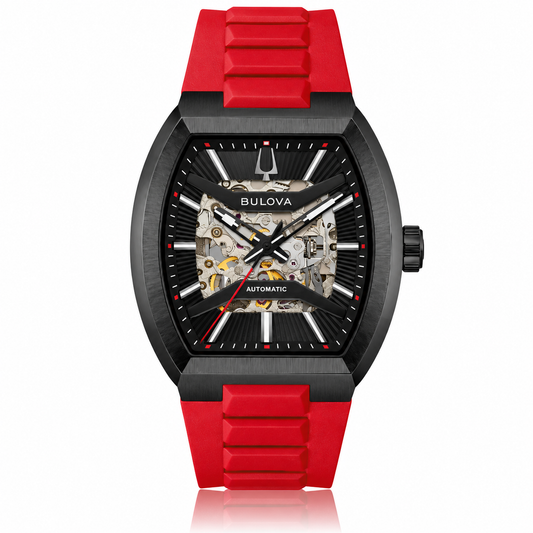 Bulova Maquina 98A341 automatic skeleton watch with black tonneau case and red rubber strap