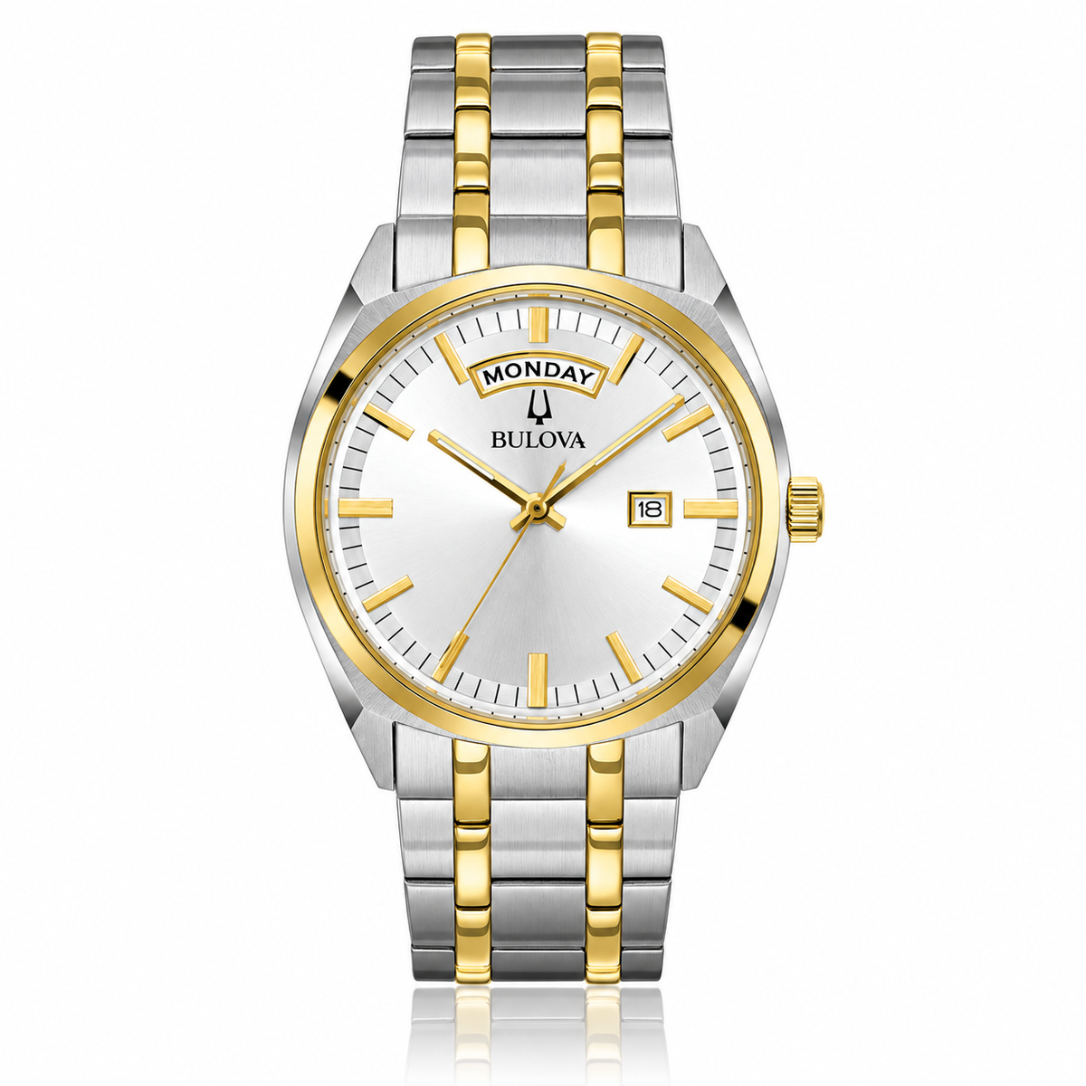 Bulova Surveyor 98C127 two-tone day-date watch with silver-white dial and stainless steel bracelet