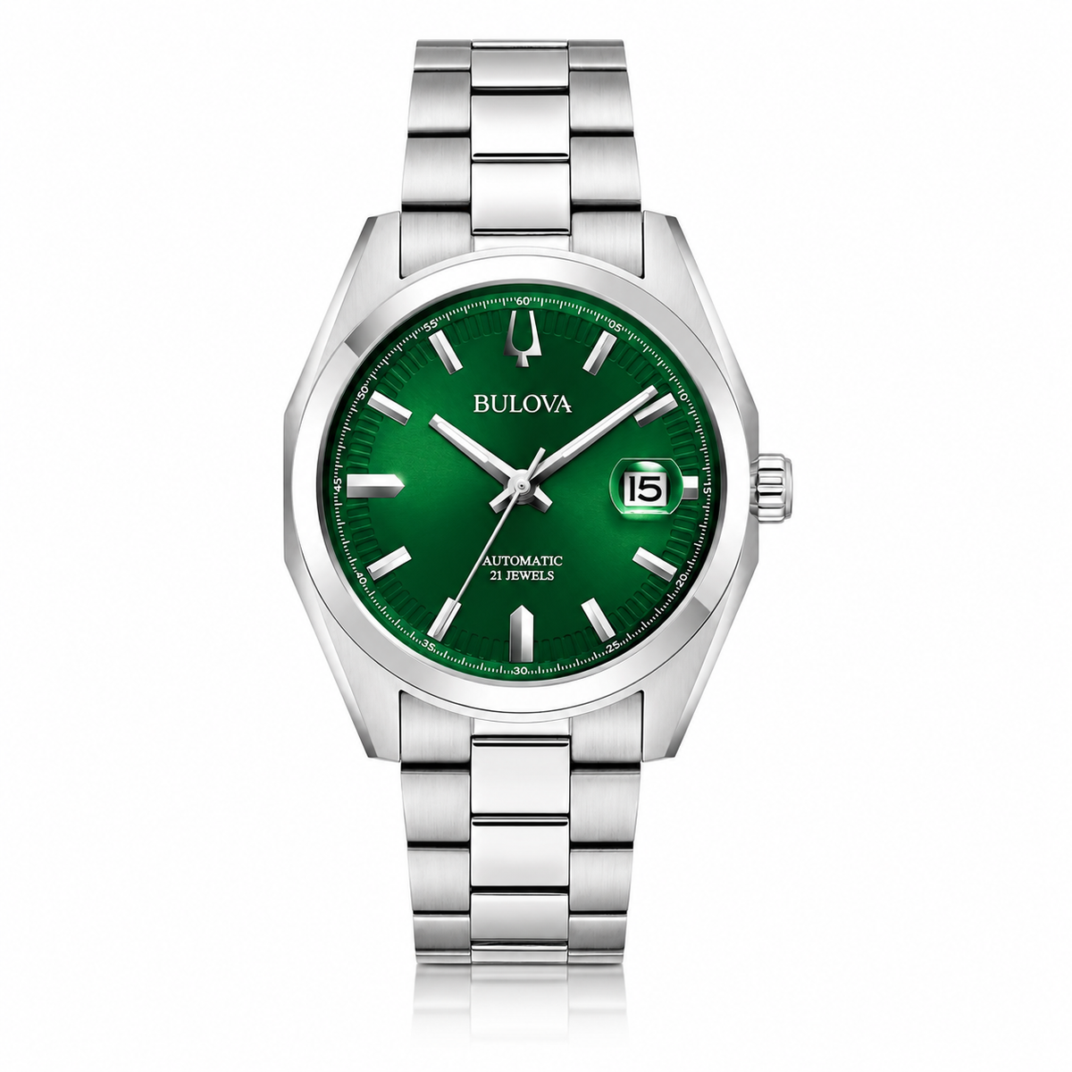 Bulova Surveyor 96B429 green dial automatic watch with stainless steel bracelet
