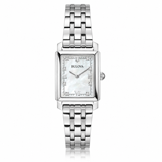 Bulova Sutton 96P244 rectangular ladies watch with mother-of-pearl dial and diamond hour markers