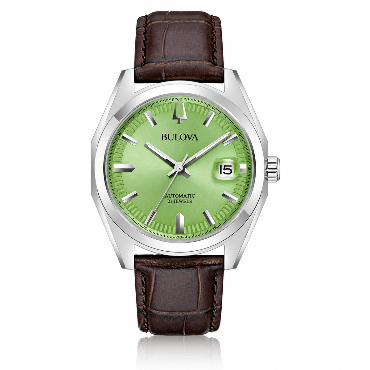 Bulova Surveyor 96B427 pistachio green automatic watch with brown leather strap