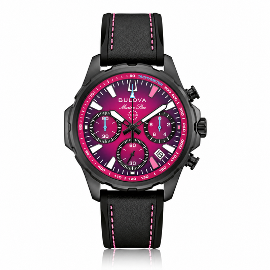 Bulova Marine Star E1 Team Miami 98B476 chronograph with magenta ombré dial and black strap
