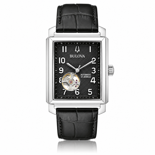 Bulova Sutton 96A269 rectangular automatic open-heart watch with black leather strap